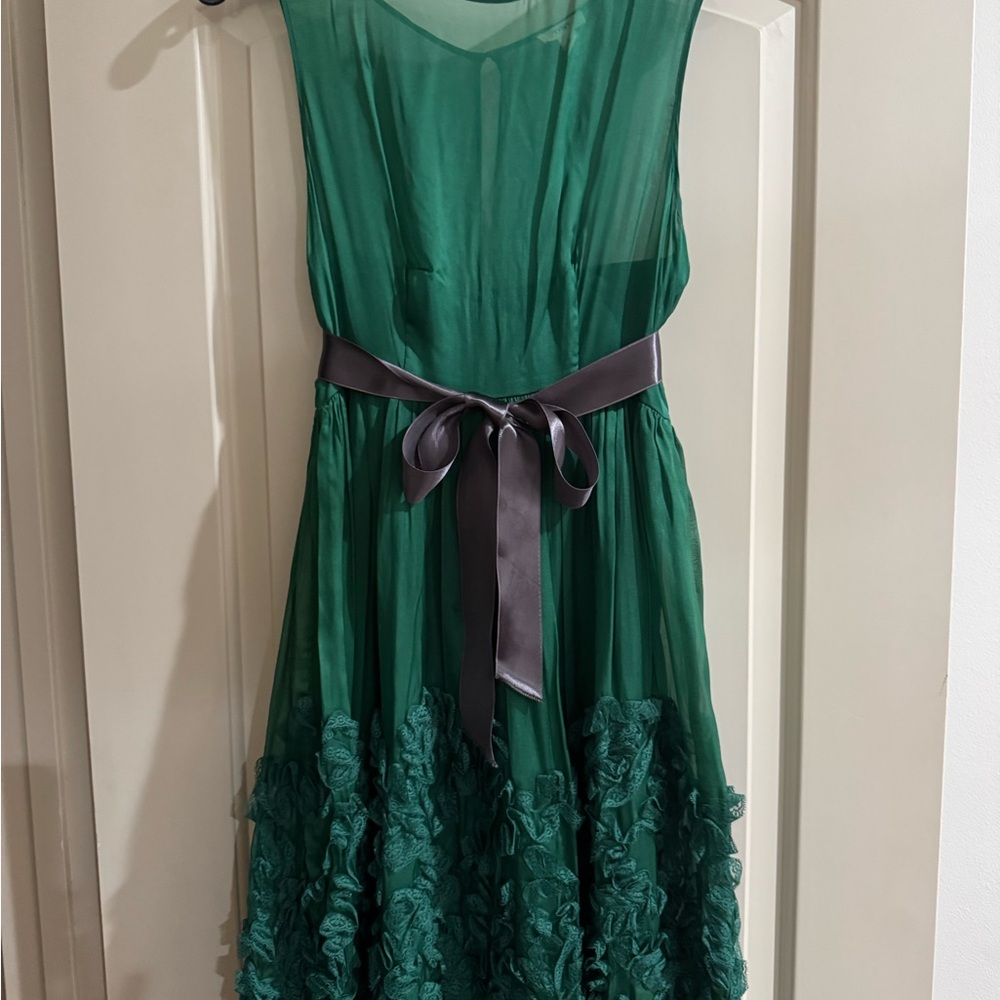 Anthropologie Green Dress with Gray Ribbon
